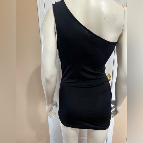 MANGO CASUAL SPORTSWEAR ONE SHOULDER RUS BLACK MINI DRESS VISCOSE IN SIZE SMALL - Picture 5 of 11
